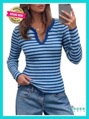 Long Sleeve Striped V-Neck Ribbed Knit Slim Fit Sweater Pullover